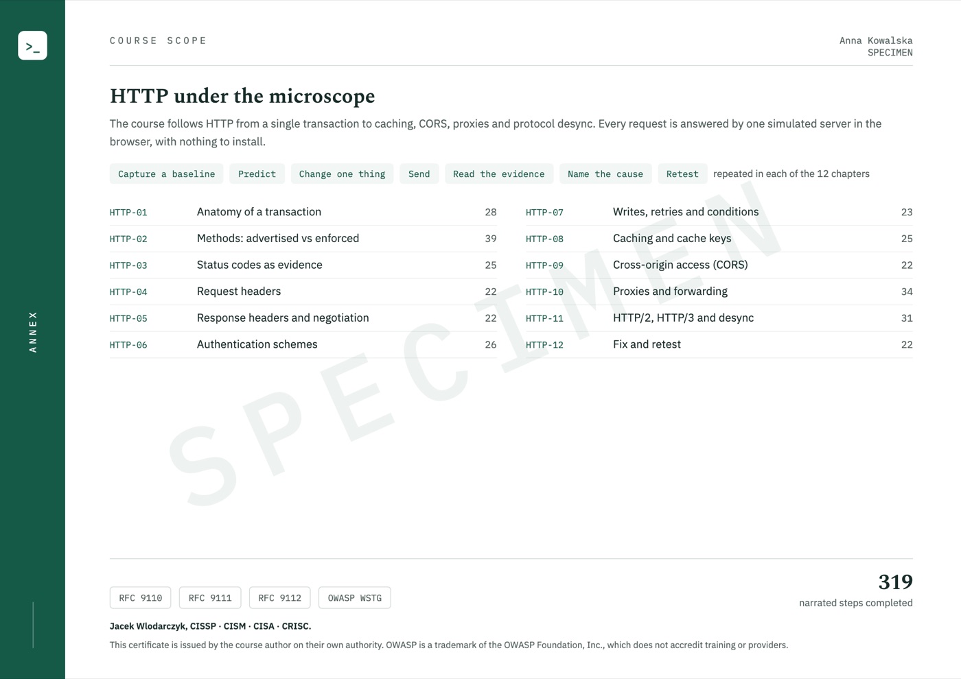 Sample certificate, page 2: course scope