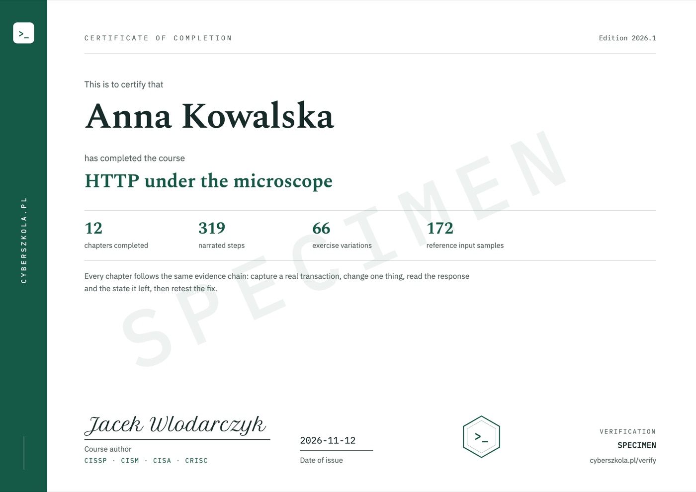Sample certificate of completion, page 1, with example details and a SPECIMEN watermark