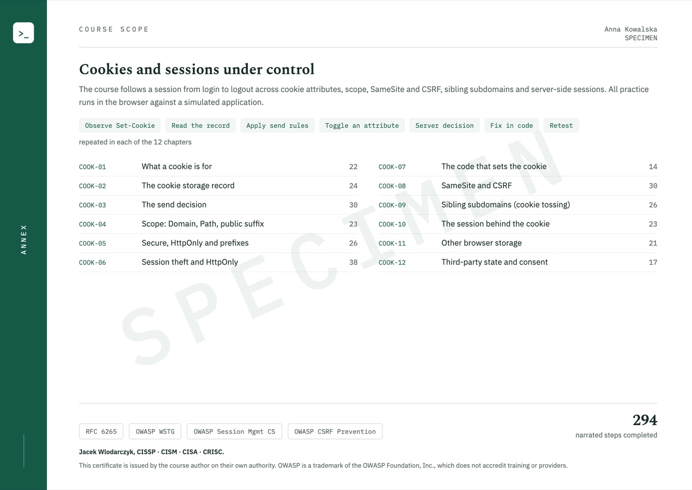 Sample certificate, page 2: course scope
