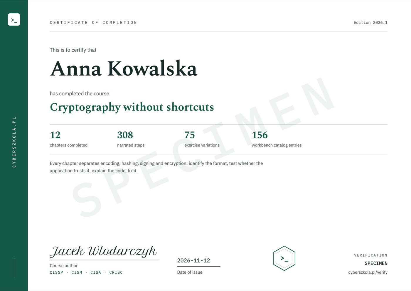Sample certificate of completion, page 1, with example details and a SPECIMEN watermark