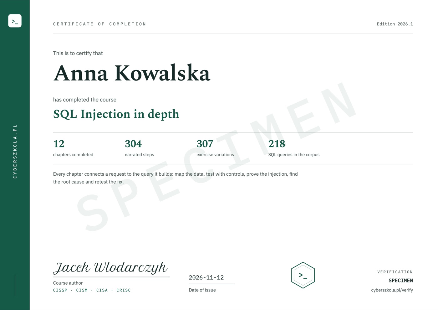 Sample certificate of completion, page 1, with example details and a SPECIMEN watermark