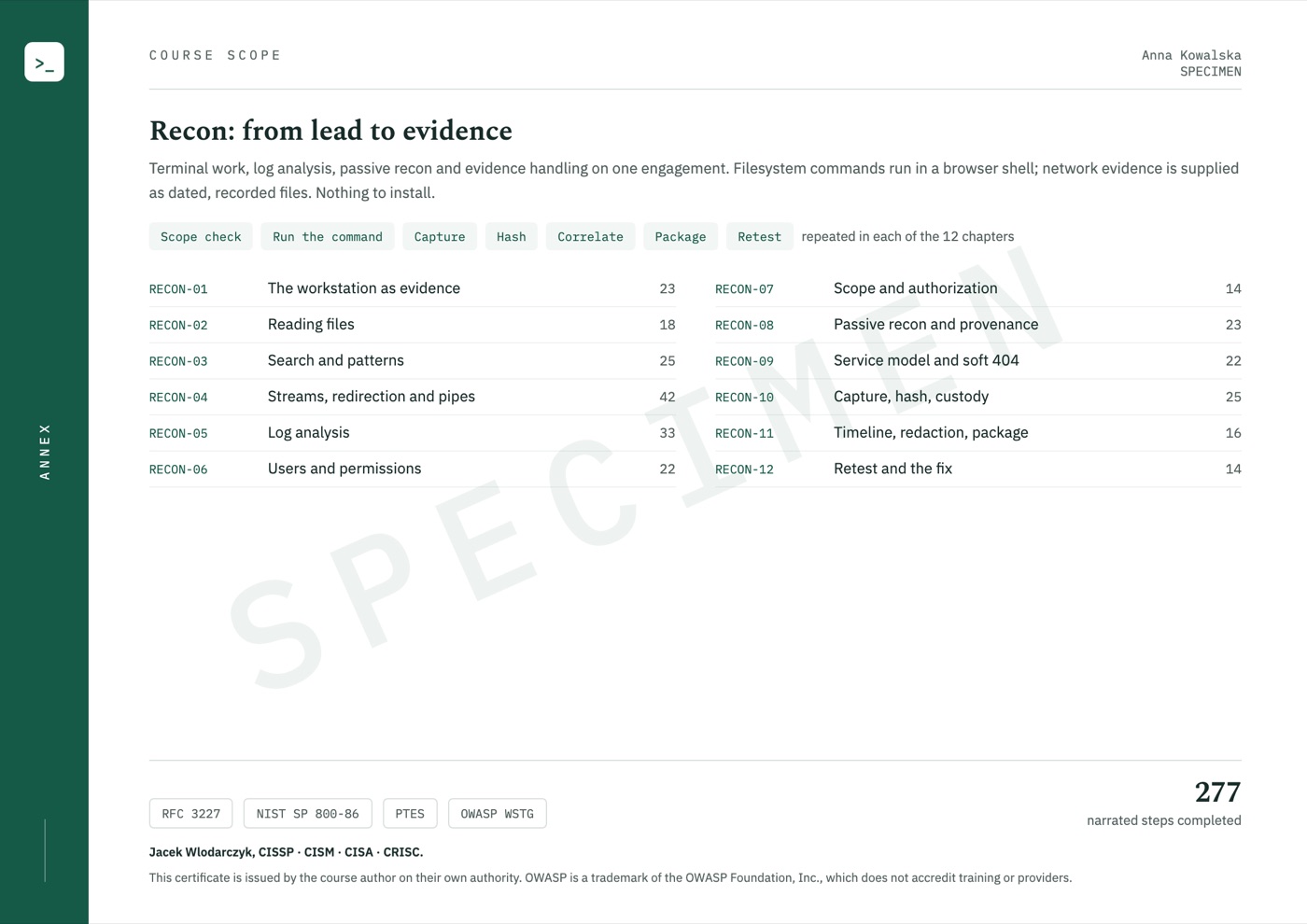 Sample certificate, page 2: course scope