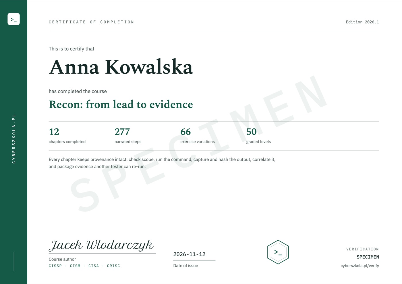 Sample certificate of completion, page 1, with example details and a SPECIMEN watermark
