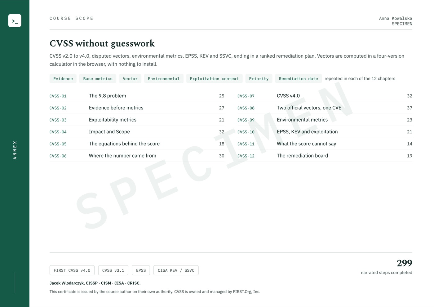 Sample certificate, page 2: course scope