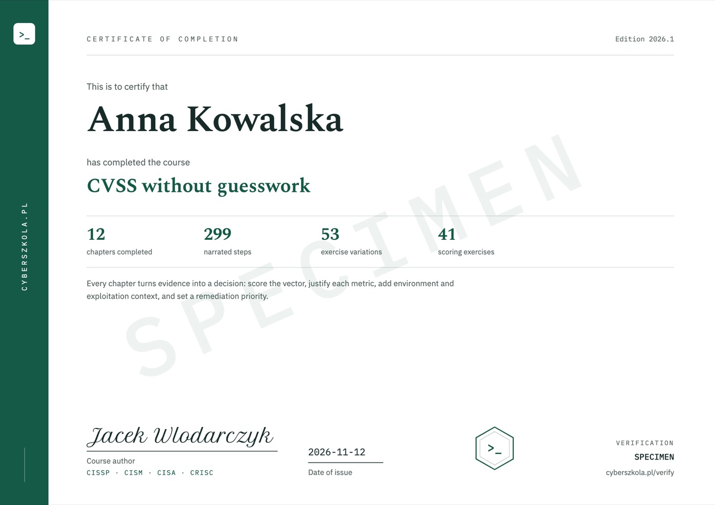 Sample certificate of completion, page 1, with example details and a SPECIMEN watermark