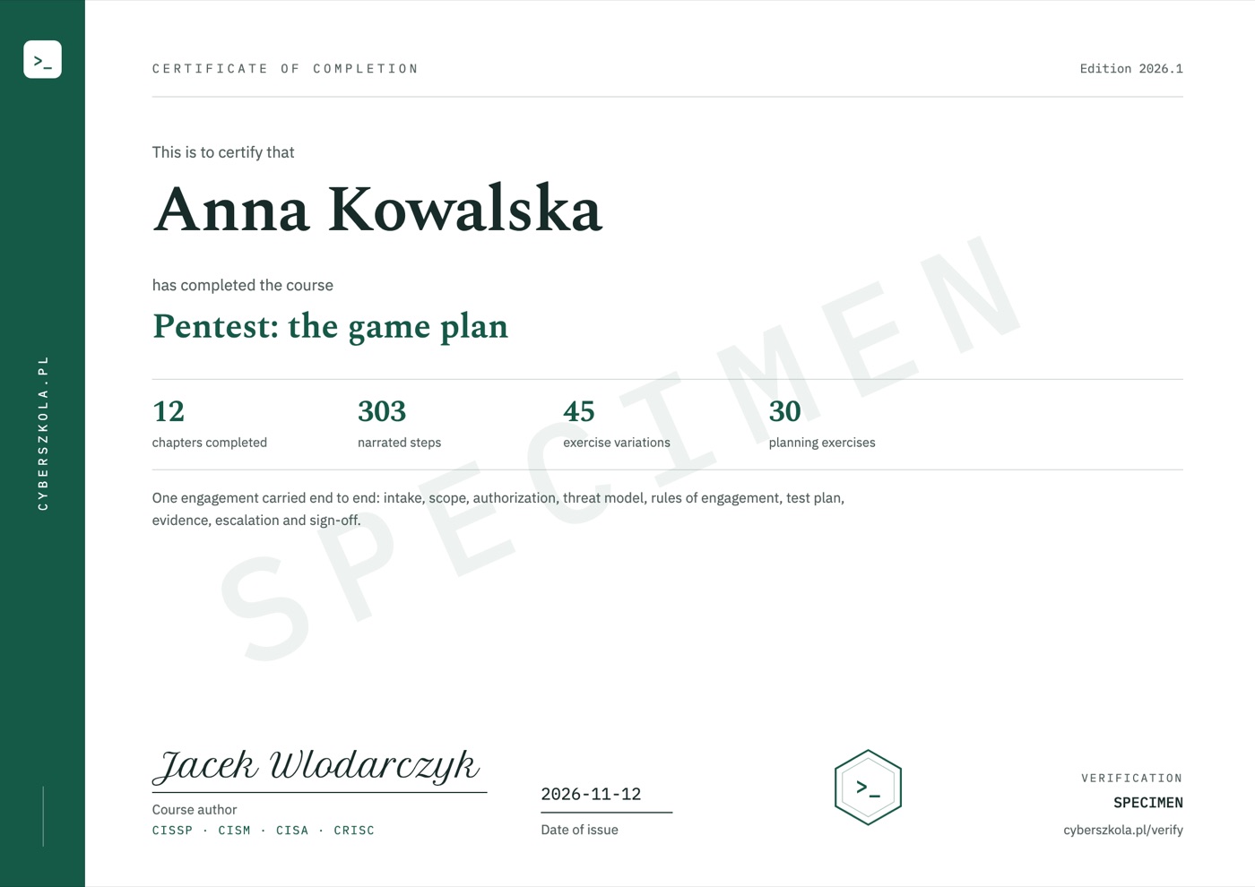 Sample certificate of completion, page 1, with example details and a SPECIMEN watermark