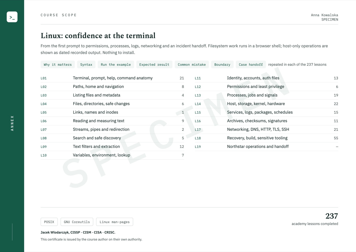 Sample certificate, page 2: course scope