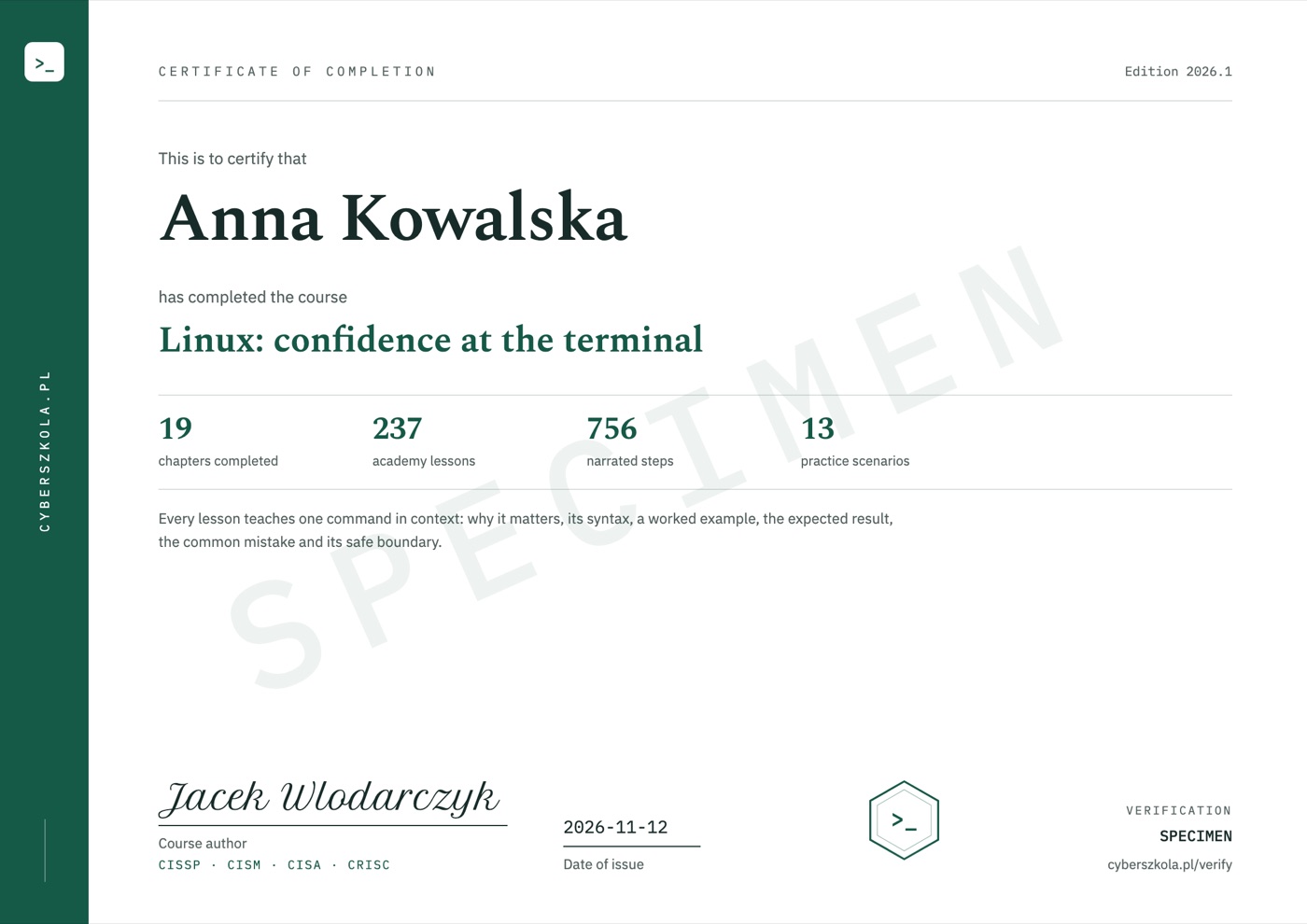 Sample certificate of completion, page 1, with example details and a SPECIMEN watermark