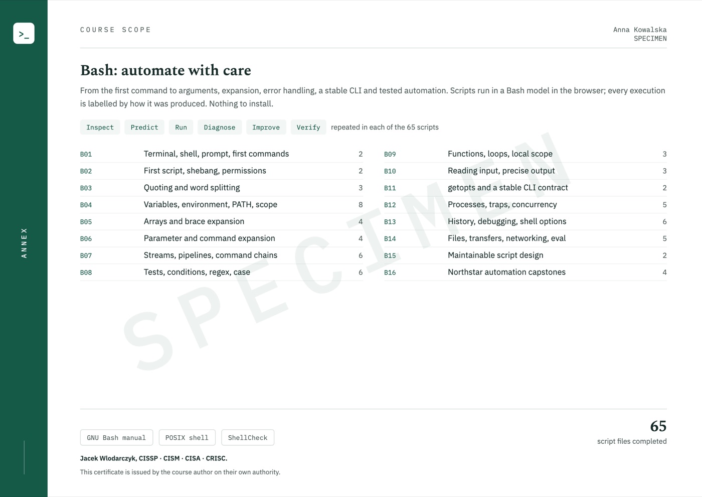 Sample certificate, page 2: course scope