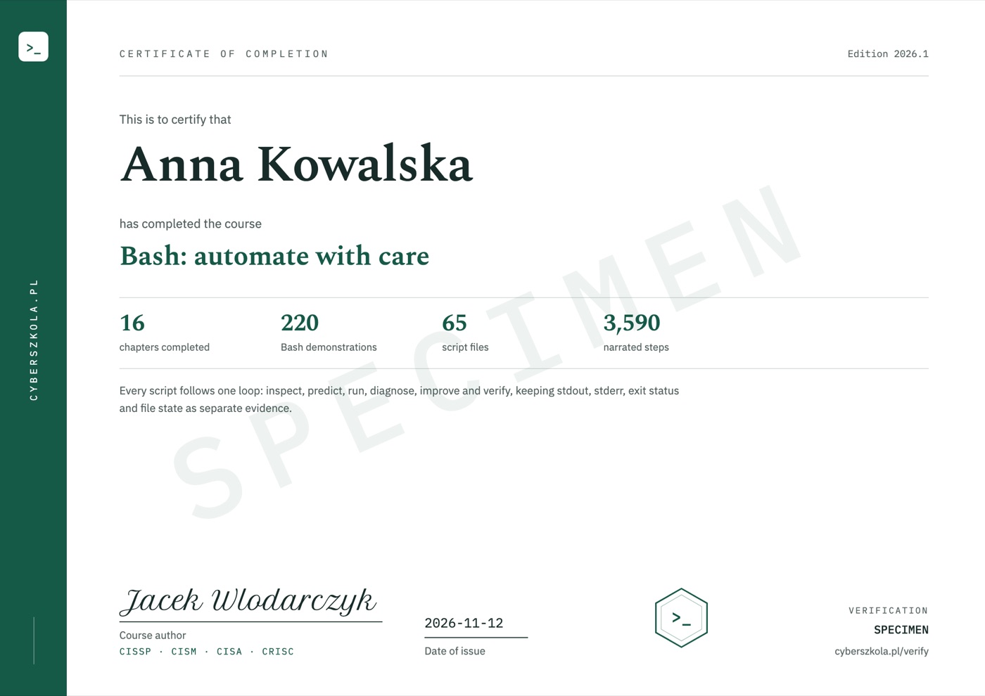 Sample certificate of completion, page 1, with example details and a SPECIMEN watermark