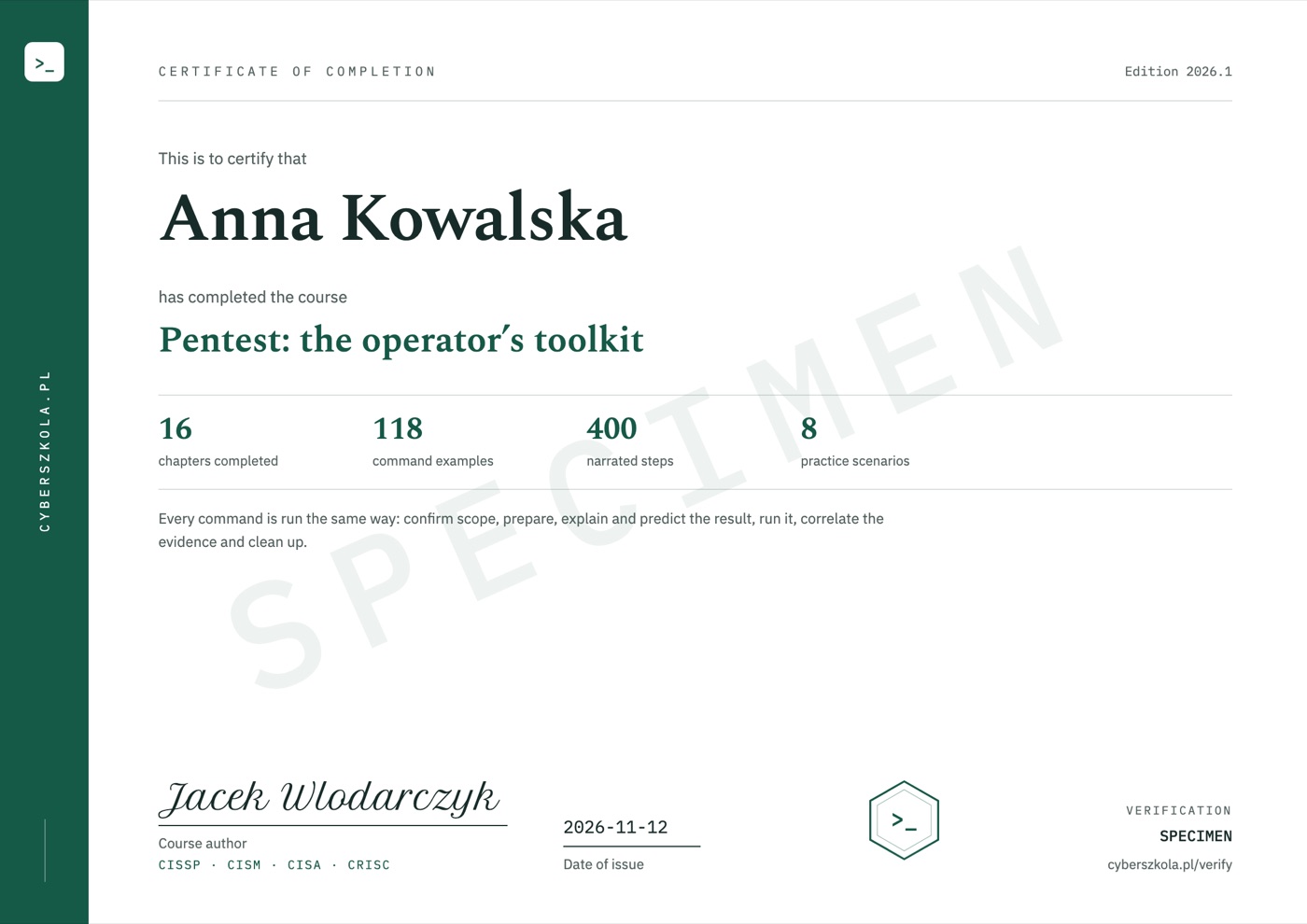 Model de certificat de absolvire, pagina 1, cu date de exemplu și filigranul SPECIMEN