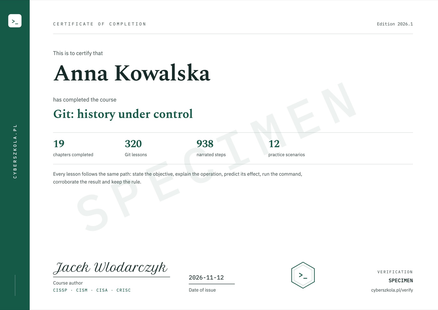 Sample certificate of completion, page 1, with example details and a SPECIMEN watermark