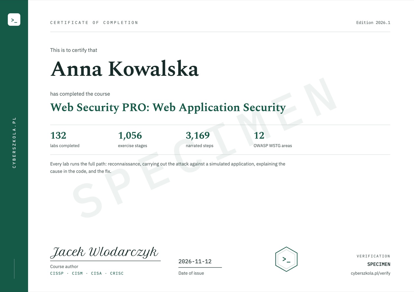 Sample certificate of completion, page 1, with example details and a SPECIMEN watermark