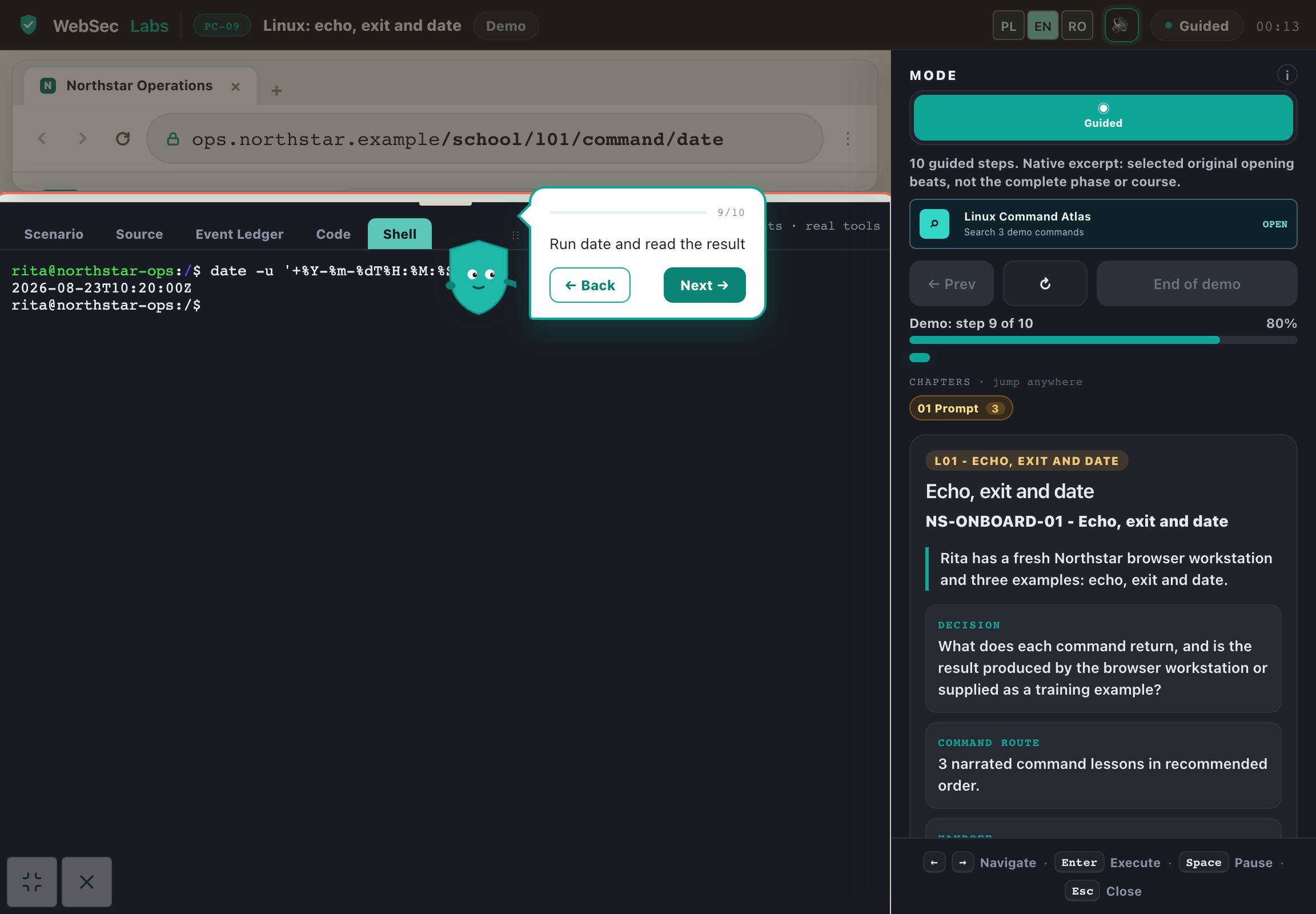 Demo screenshot: Linux: echo, exit i date