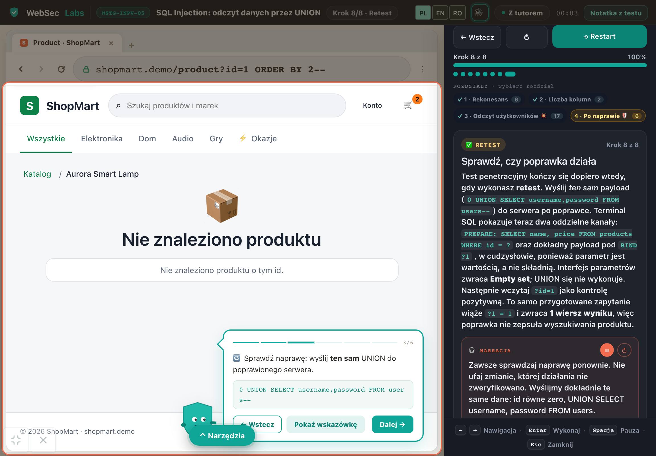 Zrzut ekranu z demo: SQL injection UNION: pełne laboratorium ShopMart